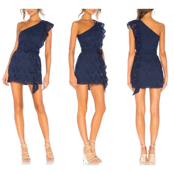 Lovers + Friends Seana Mini Dress Womens XXS Deep Navy One Shoulder Eyelet - Picture 1 of 15